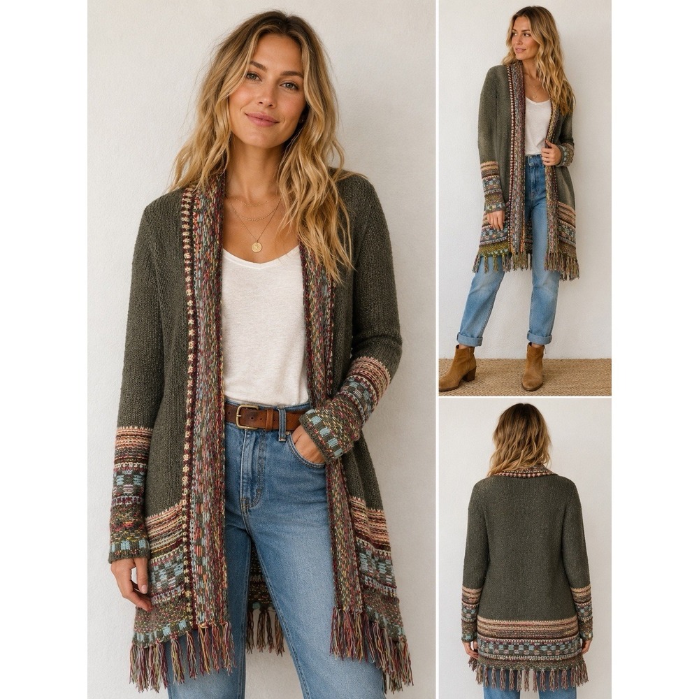 Adora Boho Open Front‎ Long Fringe Cardigan M/L Aztec Western Festival Sweater